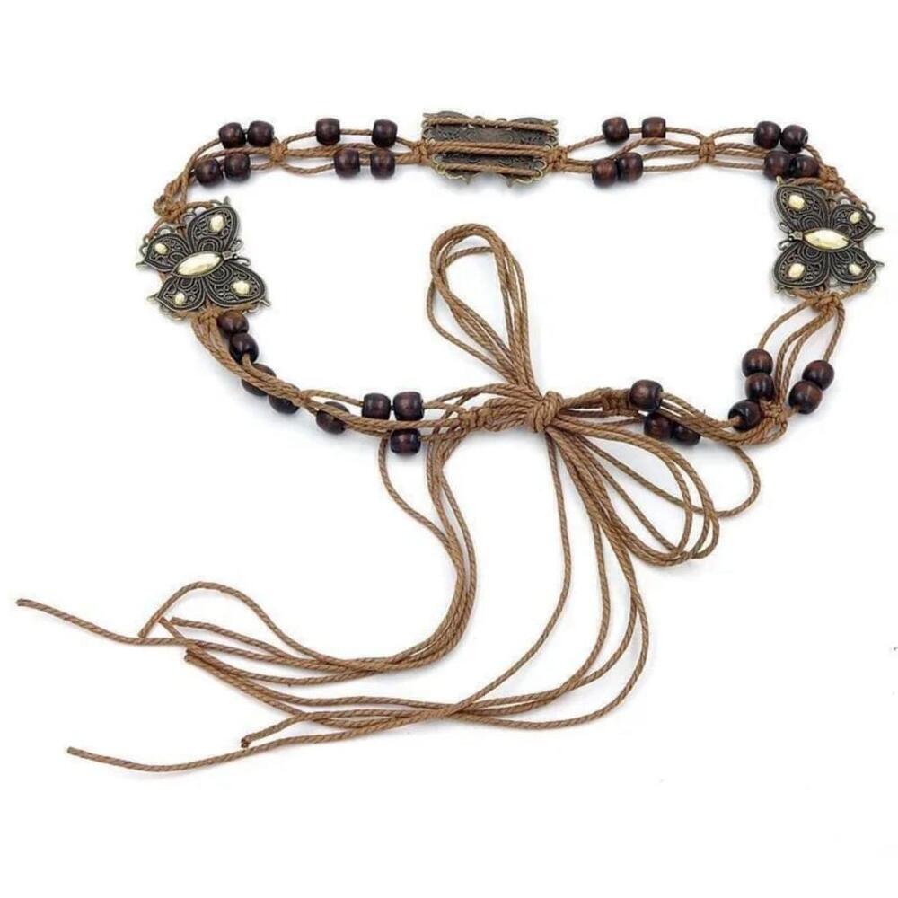 Boho Woven Adjustable Rope Belt With Yellow Butterfly Design - Picture 2 of 5